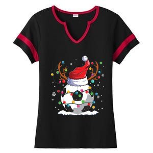 Soccer Santa Hat Reindeer Christmas Lights Funny Xmas Ladies Halftime Notch Neck Tee