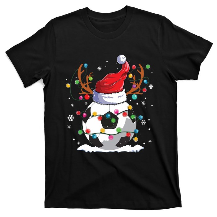 Soccer Santa Hat Reindeer Christmas Lights Funny Xmas T-Shirt