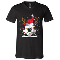 Soccer Santa Hat Reindeer Christmas Lights Funny Xmas V-Neck T-Shirt