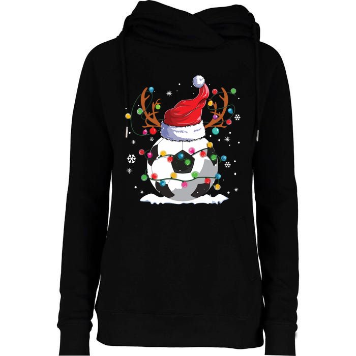 Soccer Santa Hat Reindeer Christmas Lights Funny Xmas Womens Funnel Neck Pullover Hood