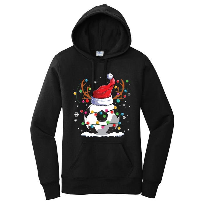 Soccer Santa Hat Reindeer Christmas Lights Funny Xmas Women's Pullover Hoodie