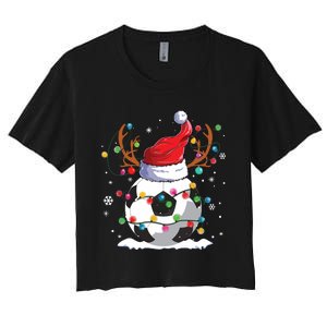 Soccer Santa Hat Reindeer Christmas Lights Funny Xmas Women's Crop Top Tee