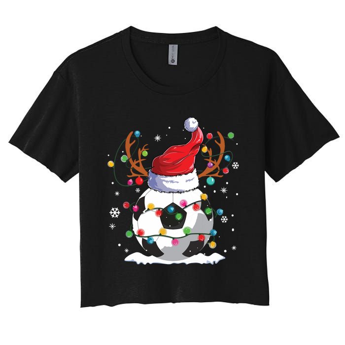 Soccer Santa Hat Reindeer Christmas Lights Funny Xmas Women's Crop Top Tee