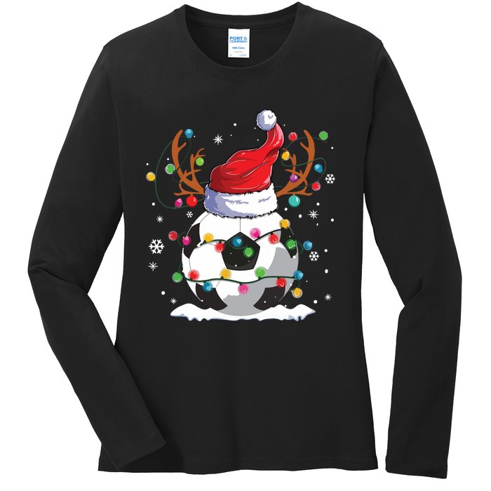 Soccer Santa Hat Reindeer Christmas Lights Funny Xmas Ladies Long Sleeve Shirt