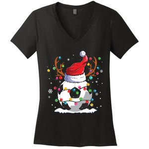 Soccer Santa Hat Reindeer Christmas Lights Funny Xmas Women's V-Neck T-Shirt