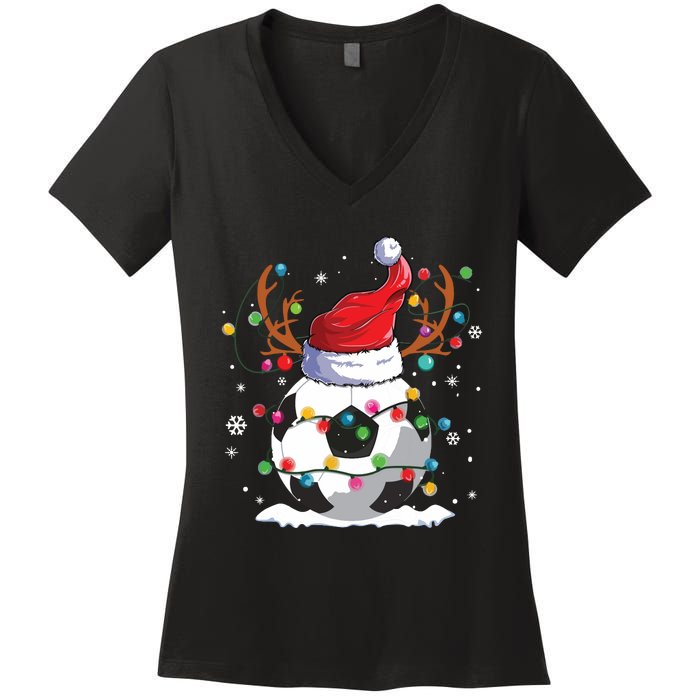 Soccer Santa Hat Reindeer Christmas Lights Funny Xmas Women's V-Neck T-Shirt