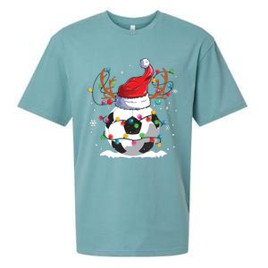 Soccer Santa Hat Reindeer Christmas Lights Funny Xmas Sueded Cloud Jersey T-Shirt