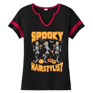 Spooky Season Halloween Hairstylist Skeleton And Pumpkins Ladies Halftime Notch Neck Tee