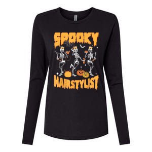 Spooky Season Halloween Hairstylist Skeleton And Pumpkins Womens Cotton Relaxed Long Sleeve T-Shirt