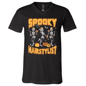 Spooky Season Halloween Hairstylist Skeleton And Pumpkins V-Neck T-Shirt