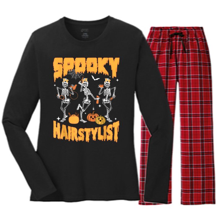 Spooky Season Halloween Hairstylist Skeleton And Pumpkins Women's Long Sleeve Flannel Pajama Set 