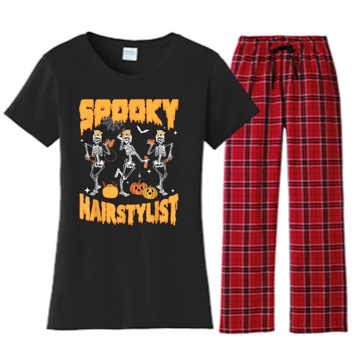 Spooky Season Halloween Hairstylist Skeleton And Pumpkins Women's Flannel Pajama Set