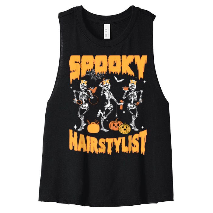 Spooky Season Halloween Hairstylist Skeleton And Pumpkins Women's Racerback Cropped Tank