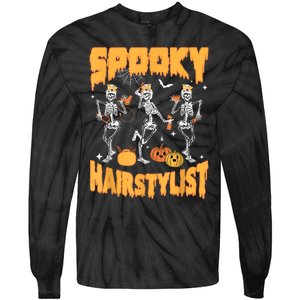 Spooky Season Halloween Hairstylist Skeleton And Pumpkins Tie-Dye Long Sleeve Shirt