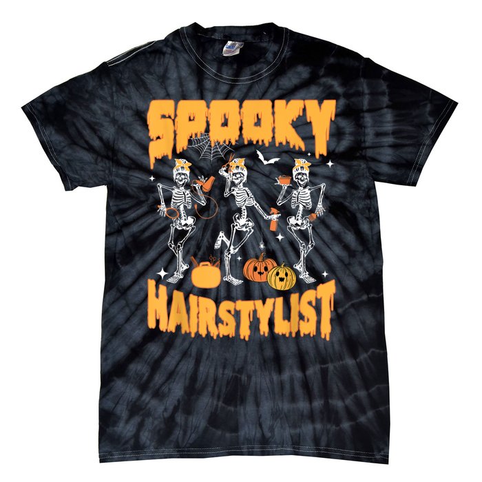 Spooky Season Halloween Hairstylist Skeleton And Pumpkins Tie-Dye T-Shirt