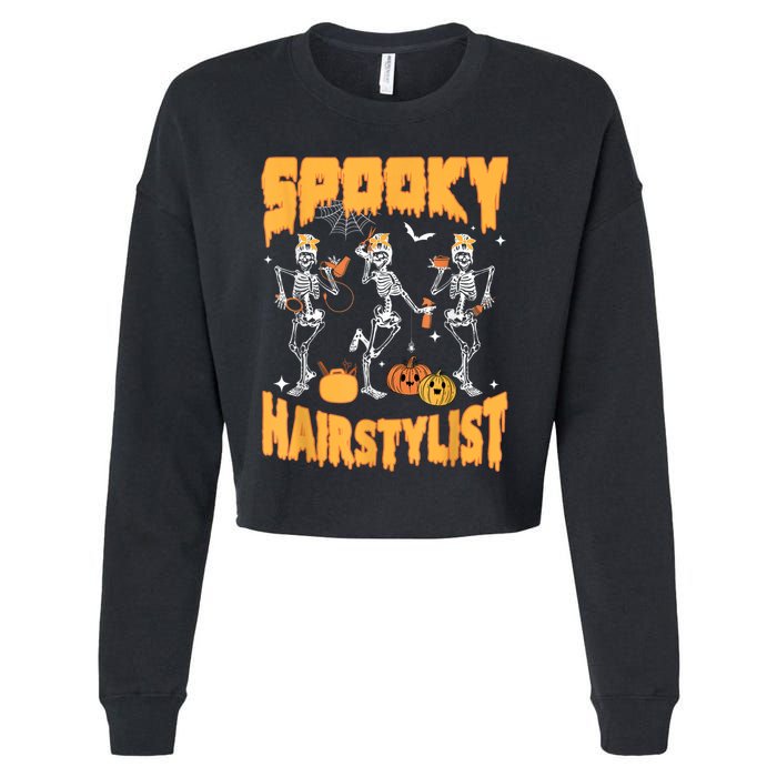 Spooky Season Halloween Hairstylist Skeleton And Pumpkins Cropped Pullover Crew