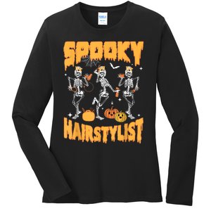 Spooky Season Halloween Hairstylist Skeleton And Pumpkins Ladies Long Sleeve Shirt