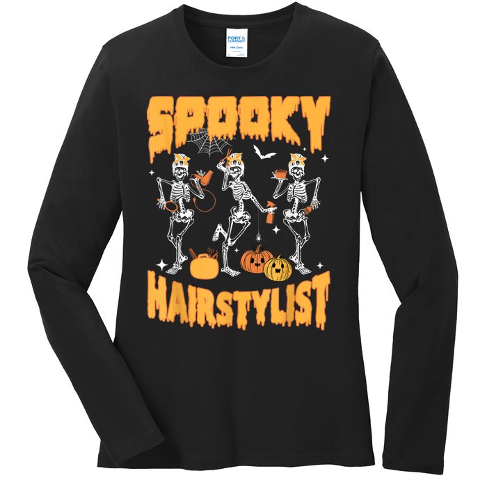 Spooky Season Halloween Hairstylist Skeleton And Pumpkins Ladies Long Sleeve Shirt