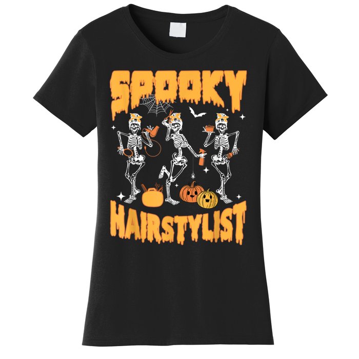 Spooky Season Halloween Hairstylist Skeleton And Pumpkins Women's T-Shirt