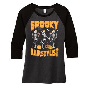 Spooky Season Halloween Hairstylist Skeleton And Pumpkins Women's Tri-Blend 3/4-Sleeve Raglan Shirt