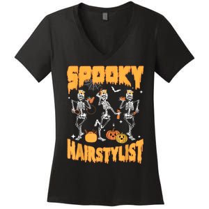 Spooky Season Halloween Hairstylist Skeleton And Pumpkins Women's V-Neck T-Shirt