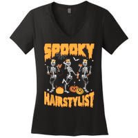 Spooky Season Halloween Hairstylist Skeleton And Pumpkins Women's V-Neck T-Shirt