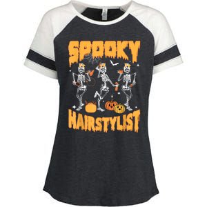 Spooky Season Halloween Hairstylist Skeleton And Pumpkins Enza Ladies Jersey Colorblock Tee