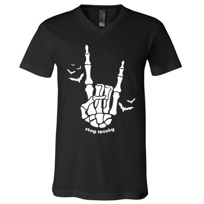 Stay Spooky Halloween Rock Skeleton V-Neck T-Shirt