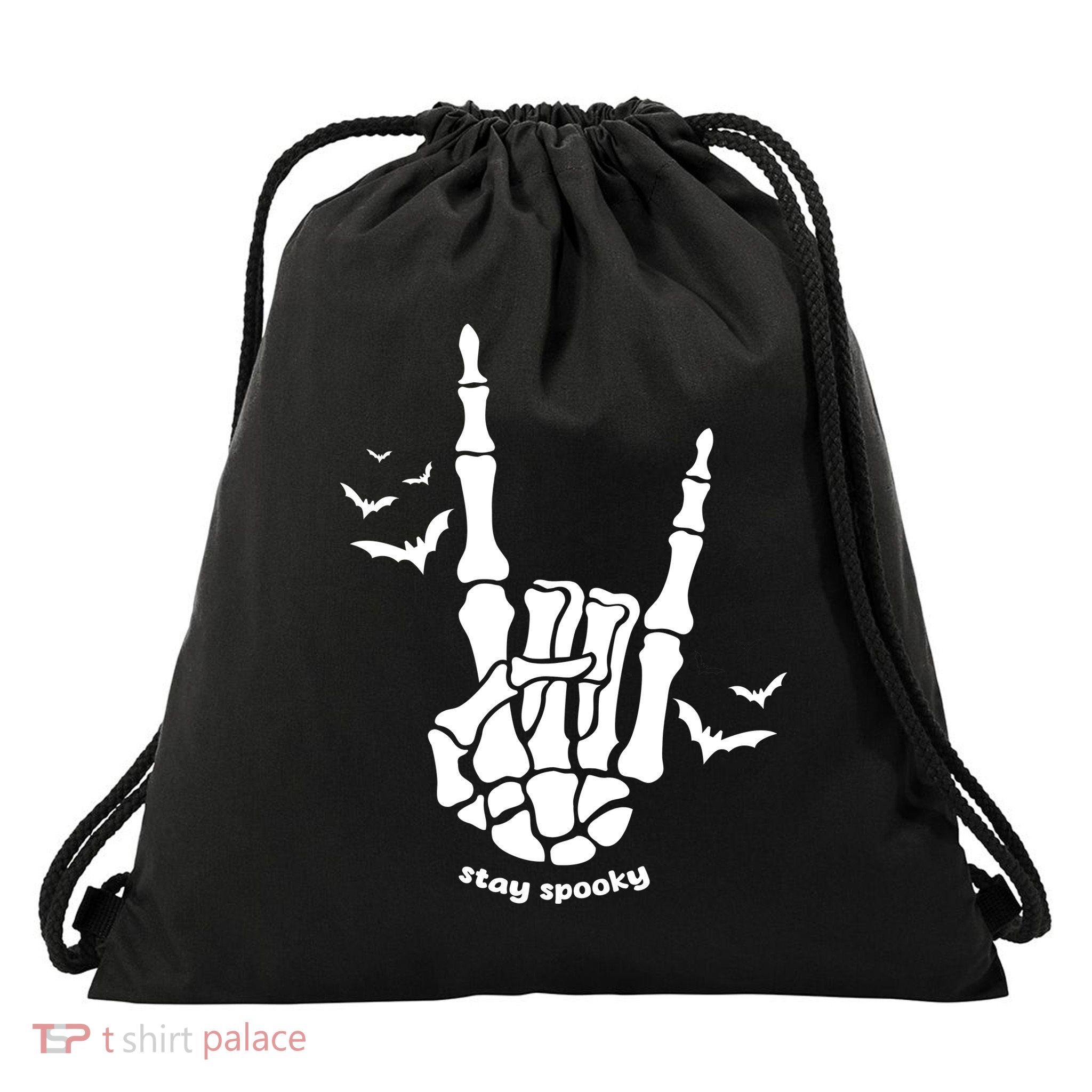 Stay Spooky Halloween Rock Skeleton Drawstring Bag