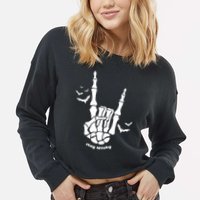 Stay Spooky Halloween Rock Skeleton Cropped Pullover Crew