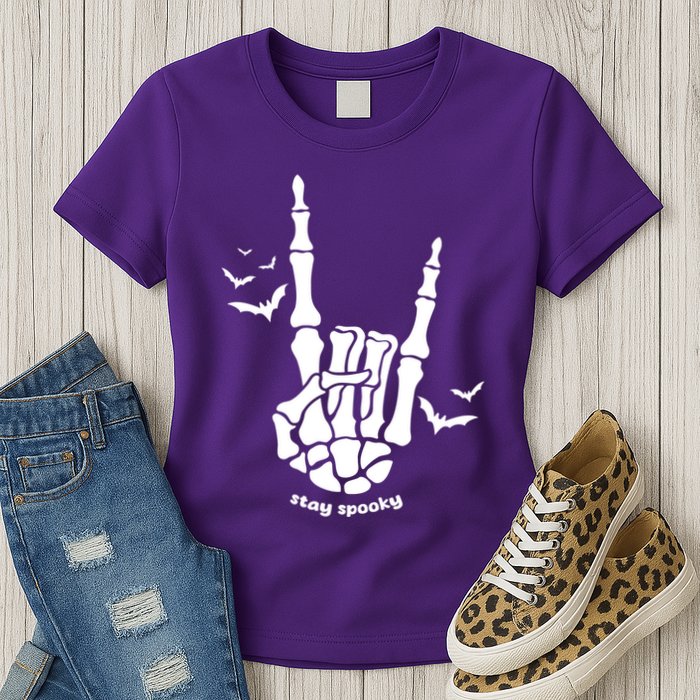 Stay Spooky Halloween Rock Skeleton Womens T-Shirt