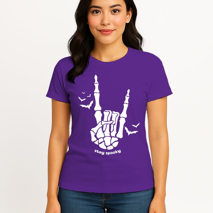 Stay Spooky Halloween Rock Skeleton Womens T-Shirt