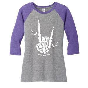 Stay Spooky Halloween Rock Skeleton Women's Tri-Blend 3/4-Sleeve Raglan Shirt