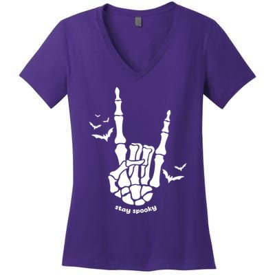 Stay Spooky Halloween Rock Skeleton Women's V-Neck T-Shirt