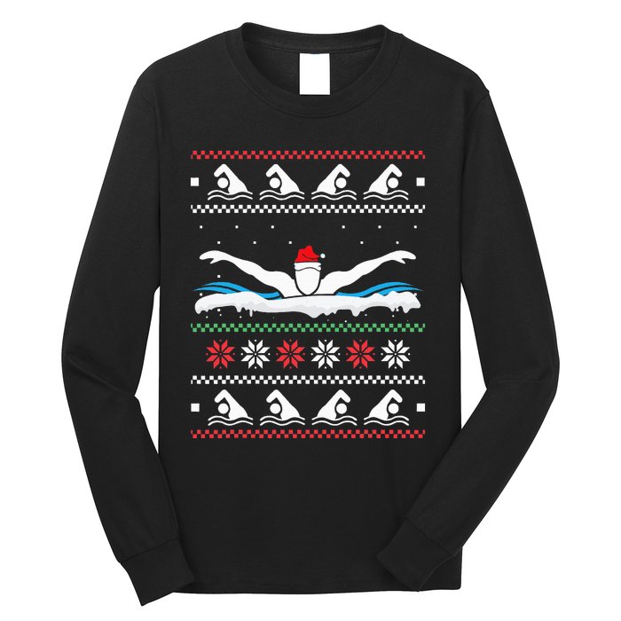 Swimming Santa Hat Ugly Christmas Swimmer Swimming Lover Long Sleeve Shirt