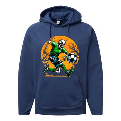 Soccer Skeleton Halloween Football Spooky Boy Soccer Player Performance Fleece Hoodie