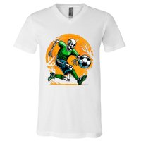 Soccer Skeleton Halloween Football Spooky Boy Soccer Player V-Neck T-Shirt