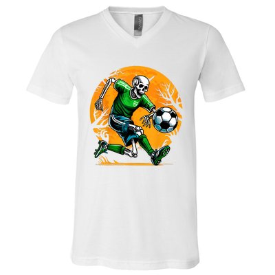 Soccer Skeleton Halloween Football Spooky Boy Soccer Player V-Neck T-Shirt