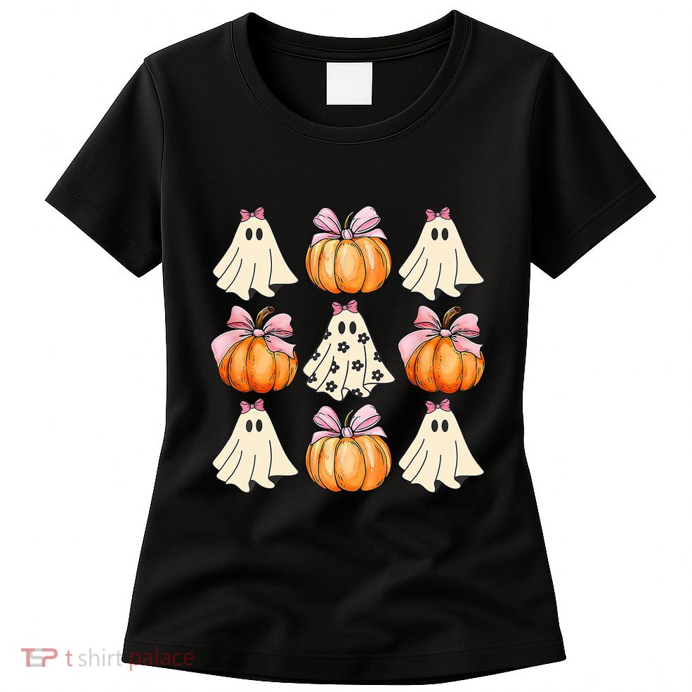 Spooky Season Halloween Ghost Pumpkin Ribbon Coquette Bow Womens T-Shirt