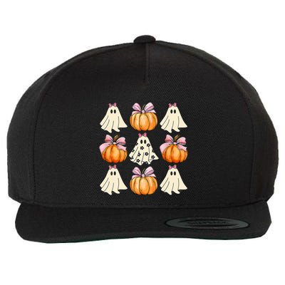 Spooky Season Halloween Ghost Pumpkin Ribbon Coquette Bow Wool Snapback Cap
