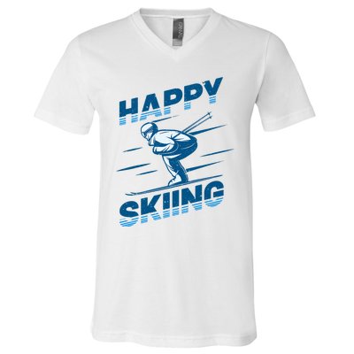 Snow Skiing Happy Skiing Winter Sports Alpine Downhill Ski V-Neck T-Shirt