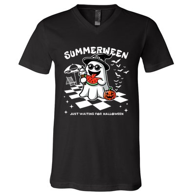 Summerween Spooky Halloween Summer Vibes Pumpkin Ghost V-Neck T-Shirt