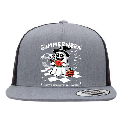 Summerween Spooky Halloween Summer Vibes Pumpkin Ghost Flat Bill Trucker Hat