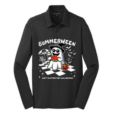 Summerween Spooky Halloween Summer Vibes Pumpkin Ghost Silk Touch Performance Long Sleeve Polo