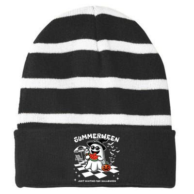 Summerween Spooky Halloween Summer Vibes Pumpkin Ghost Striped Beanie with Solid Band