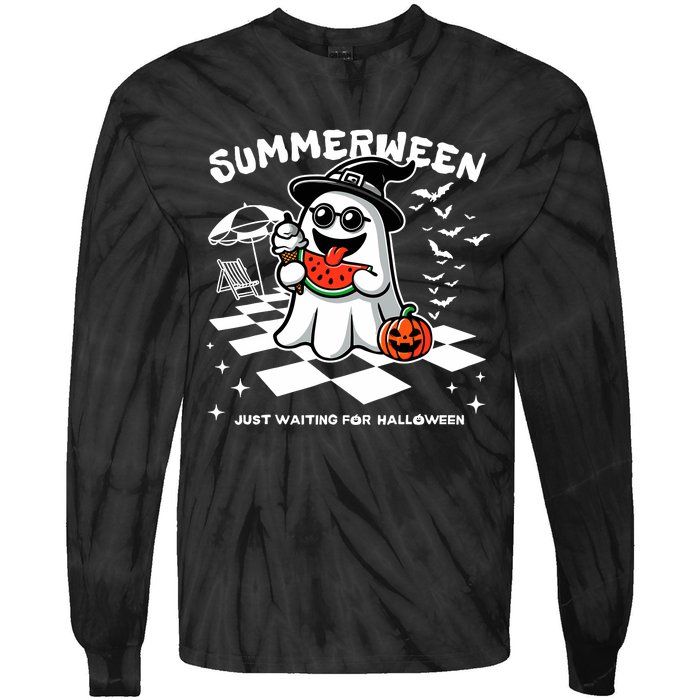 Summerween Spooky Halloween Summer Vibes Pumpkin Ghost Tie-Dye Long Sleeve Shirt