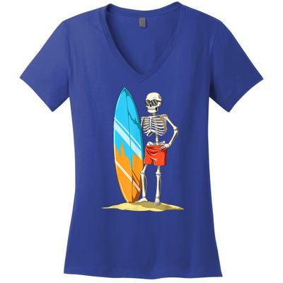 Surfing Skeleton Halloween Surf Lovers Gift Women's V-Neck T-Shirt