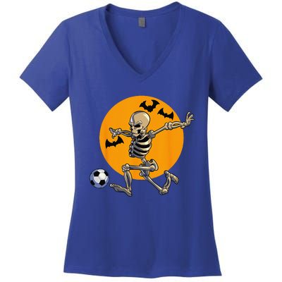 Soccer Skeleton Halloween Funny Soccer Player Halloween Women's V-Neck T-Shirt