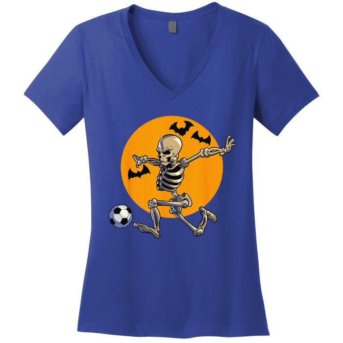 Soccer Skeleton Halloween Funny Soccer Player Halloween Women's V-Neck T-Shirt