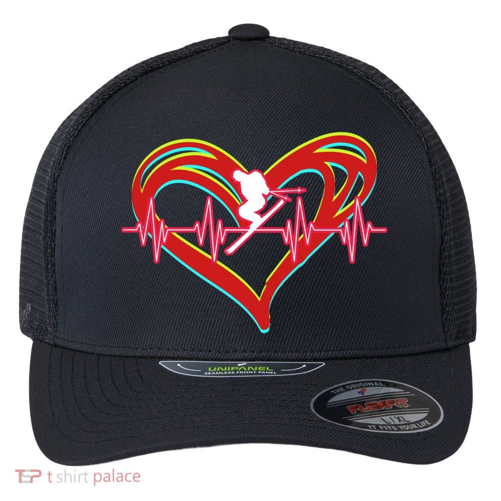 Snow Skiing Heartbeat Skiing Lover Adrenaline Junkie Gift Flexfit Unipanel Trucker Cap
